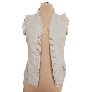Philippe Adec Linen Vest Fringe Trim Button Front Size 8 Neutral Casual Summer